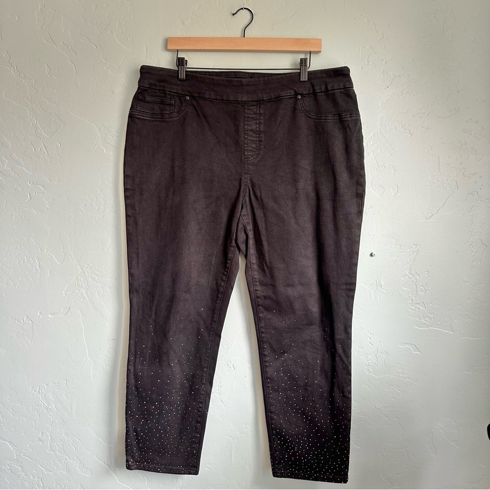 Chico's‎ Women’s Pull On Jegging Ankle Stretch Jeans Black with Rhinestones 16R